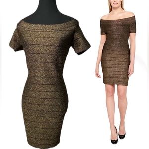 GUESS Bodycon Bandage Metallic Gold off the shoulder dress in US 10 M Black tie